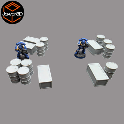Oil Barrels x10 + Crates x5 - 28mm Wargaming Scatter Terrain Scenery Tabletop