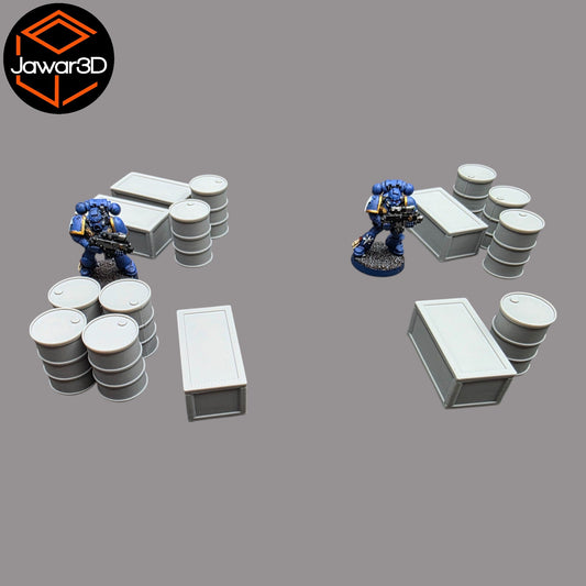Oil Barrels x10 + Crates x5 - 28mm Wargaming Scatter Terrain Scenery Tabletop