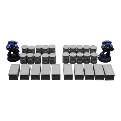 Oil Barrels x20 + Crates x10 - 28mm Wargaming Scatter Terrain Scenery Tabletop