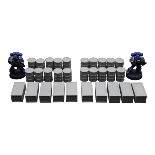 Oil Barrels x20 + Crates x10 - 28mm Wargaming Scatter Terrain Scenery Tabletop