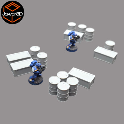 Oil Barrels x10 + Crates x5 - 28mm Wargaming Scatter Terrain Scenery Tabletop
