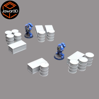 Oil Barrels x10 + Crates x5 - 28mm Wargaming Scatter Terrain Scenery Tabletop