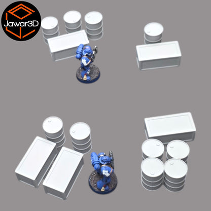 Oil Barrels x10 + Crates x5 - 28mm Wargaming Scatter Terrain Scenery Tabletop